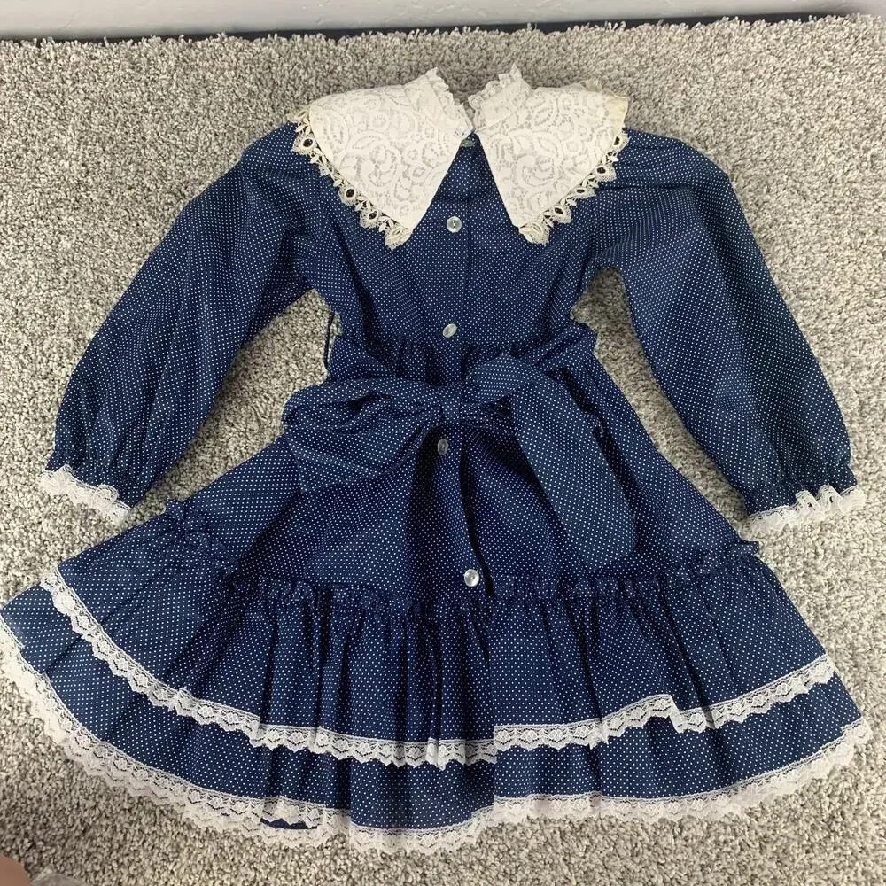 Vintage Bryan Dress Girls 4 Blue Polka Dot Prairie Lace High Neck Ruffle
